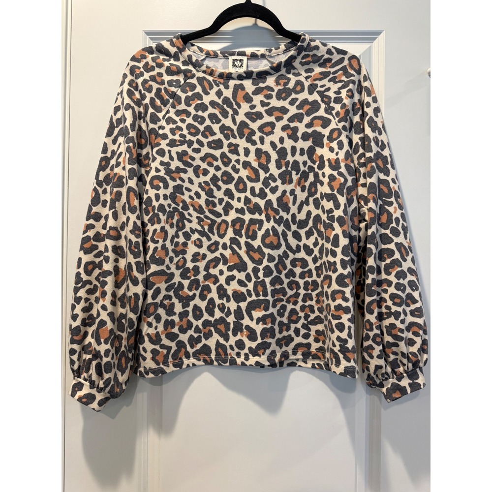 Anne Klein Leopard Print Raglan Sweatshirtā Tan Black Animal Crew Neck Small